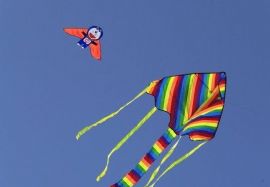 假日的渔港公园，海边的风筝自由飞翔