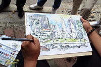 湛江地标三帆建筑 吸引艺术学生街头写真